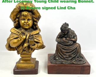 Lot 1683 2pc Metal Figural Sculptures. 1 After Lecowey Young Child wearing Bonnet. 2 Bronze signed Lind Cha