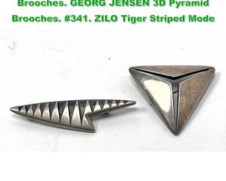 Lot 1449 2pc Danish Sterling Silver Brooches. GEORG JENSEN 3D Pyramid Brooches. 341. ZILO Tiger Striped Mode