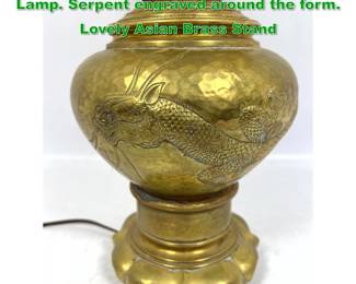 Lot 1663 Antique Hammered Brass Vessel Lamp. Serpent engraved around the form. Lovely Asian Brass Stand