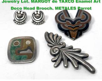 Lot 1486 4pc Sterling Silver Mexican Jewelry Lot. MARGOT de TAXCO Enamel Art Deco Head Brooch. METALES Parrot