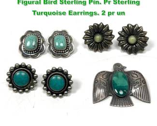 Lot 1471 4pc Silver and Turquoise Jewelry. Figural Bird Sterling Pin. Pr Sterling Turquoise Earrings. 2 pr un