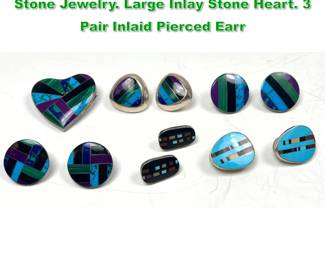Lot 1467 Collection Sterling Silver Inlaid Stone Jewelry. Large Inlay Stone Heart. 3 Pair Inlaid Pierced Earr