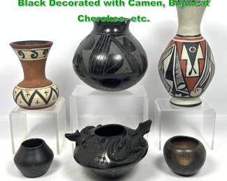 Lot 1603 6pcs American Indian Pottery, Black Decorated with Camen, Bigmeat Cherokee, etc.