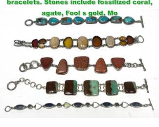 Lot 1540 5pc Silver or Sterling Stone Link bracelets. Stones include fossilized coral, agate, Fool s gold, Mo