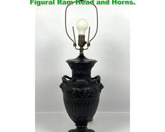 Lot 1738 Neoclassical Basalt Ware Lamp. Figural Ram Head and Horns. 