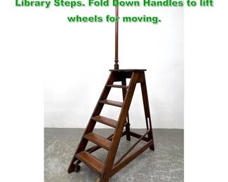 Lot 1731 Embossed Leather Ladder Steps Library Steps. Fold Down Handles to lift wheels for moving. 
