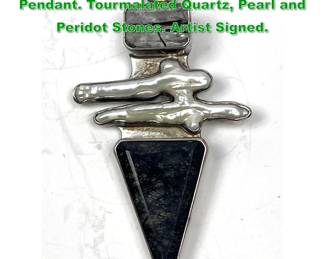 Lot 1510 CHARLES ALBERT Sterling Stone Pendant. Tourmalated Quartz, Pearl and Peridot Stones. Artist Signed. 