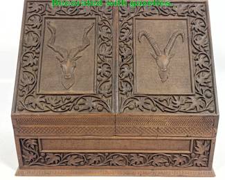 Lot 1705 Carved Wood 2 Door Letter Box. Decorated with gazelles. 