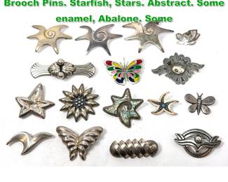 Lot 1548 16pc Silver or Sterling Modernist Brooch Pins. Starfish, Stars. Abstract. Some enamel, Abalone. Some