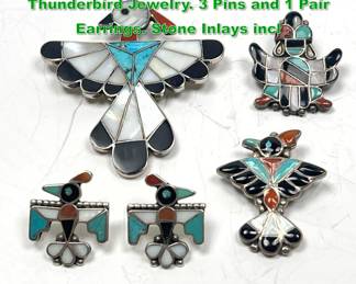 Lot 1466 5pc Native Indian Sterling Silver Thunderbird Jewelry. 3 Pins and 1 Pair Earrings. Stone Inlays incl