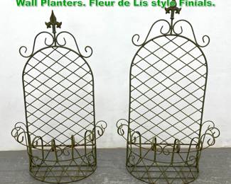 Lot 1338 2pc Painted Iron Outdoor Hanging Wall Planters. Fleur de Lis style Finials. 