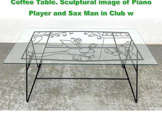 Lot 1422 DeBUSK Black Iron Musical Theme Coffee Table. Sculptural image of Piano Player and Sax Man in Club w