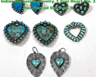 Lot 1516 5pc Native American Southwest Indian Turquoise Jewelry. 1 Zuni Heart Pin. 3 Pair Pierced Earrings. S