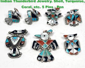Lot 1472 6pc Native American Southwest Indian Thunderbird Jewelry. Shell, Turquoise, Coral, etc. 5 Pins Pen