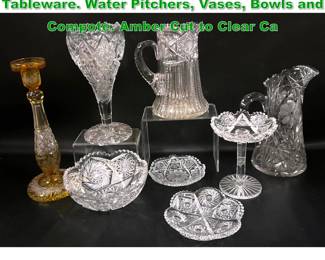 Lot 1694 8pc Cut and Pressed Glass Tableware. Water Pitchers, Vases, Bowls and Compote. Amber Cut to Clear Ca