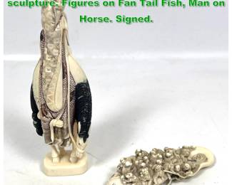 Lot 1560 2 pcs Carved Asian Table sculpture. Figures on Fan Tail Fish, Man on Horse. Signed. 