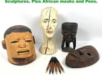 Lot 1722 5pcs Wood Objects Folk Art Sculptures. Plus African masks and Pens. 