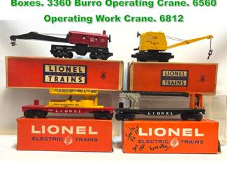 Lot 1769 4pc LIONEL Trains. Construction. Boxes. 3360 Burro Operating Crane. 6560 Operating Work Crane. 6812 