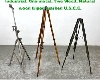 Lot 1765 Collection 3 Vintage Tripods. Industrial. One metal. Two Wood. Natural wood tripod marked U.S.C.E.