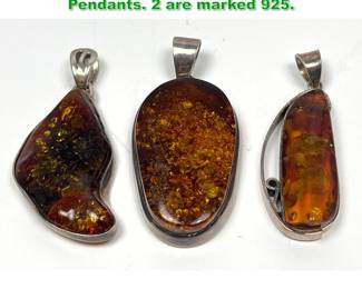 Lot 1506 3pc Sterling Silver Amber Large Pendants. 2 are marked 925. 