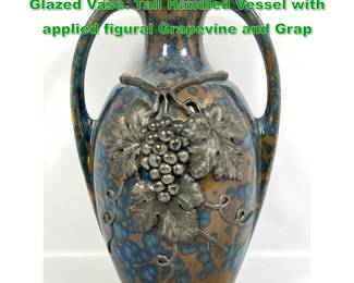 Lot 1672 17 PIERREFONDS Crystalline Glazed Vase. Tall Handled Vessel with applied figural Grapevine and Grap