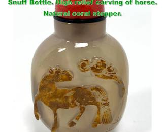 Lot 1576 Carved Agate Vintage Chinese Snuff Bottle. High relief carving of horse. Natural coral stopper. 