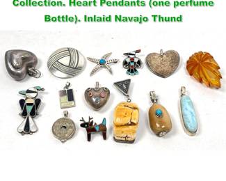 Lot 1483 14pc Silver or Sterling Jewelry Collection. Heart Pendants one perfume Bottle. Inlaid Navajo Thund