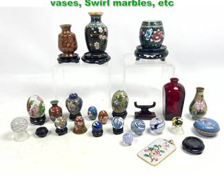 Lot 1599 Large Miniatures Lot. Cloisonne vases, Swirl marbles, etc