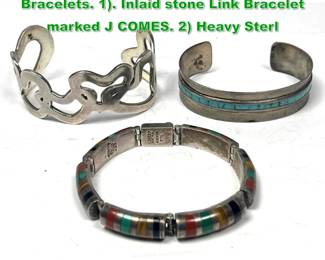 Lot 1499 3pc Mexican Sterling Silver Bracelets. 1. Inlaid stone Link Bracelet marked J COMES. 2 Heavy Sterl