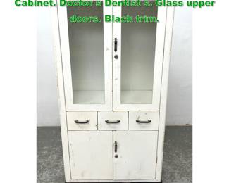 Lot 1373 Vintage White Industrial Medical Cabinet. Doctor s Dentist s. Glass upper doors. Black trim. 