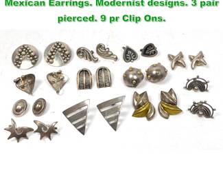 Lot 1547 12Pr Silver or Sterling Mostly Mexican Earrings. Modernist designs. 3 pair pierced. 9 pr Clip Ons. 