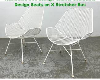 Lot 1307 Pr Tempestini for Salterini Attributed Iron Lounge Chairs. Geometric Design Seats on X Stretcher Bas