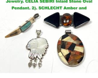 Lot 1524 4pc Sterling Silver Vintage Jewelry. CELIA SEBIRI Inlaid Stone Oval Pendant. 2. SCHLECHT Amber and 