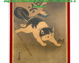 Lot 1706 Ohara Koson signed Hoson, Japanese Woodblock Print. Cat Catches a Mouse.