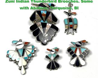 Lot 1519 Collection 5 Sterling Stone Inlay Zuni Indian Thunderbird Brooches. Some with Abalone, Turquoise, Bl