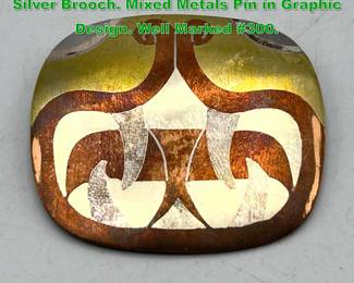 Lot 1515 LOS CASTILLO Metales Sterling Silver Brooch. Mixed Metals Pin in Graphic Design. Well Marked 300.