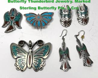 Lot 1521 5pc Silver or Sterling Turquoise Butterfly Thunderbird Jewelry. Marked Sterling Butterfly Pin. 2 Cru