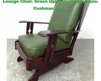 Lot 1735 Dark Wood Framed Arm Rocking Lounge Chair. Green Upholstered cushions. Cushman Style. 