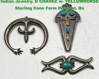 Lot 1465 3pc Native American Southwest Indian Jewelry. D CHAVEZ w YELLOWHORSE Sterling Cone Form Pendant. Be