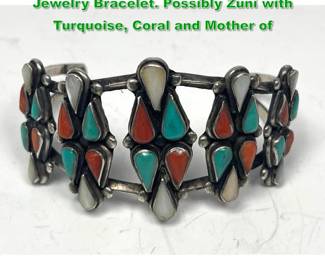 Lot 1495 Native American Southwest Indian Jewelry Bracelet. Possibly Zuni with Turquoise, Coral and Mother of