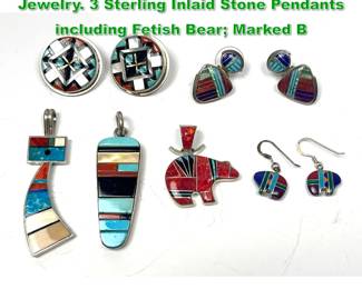 Lot 1527 6pc Native American Indian Jewelry. 3 Sterling Inlaid Stone Pendants including Fetish Bear Marked B