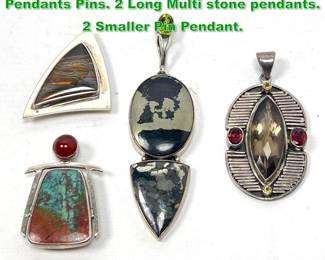 Lot 1451 4pc Sterling Silver Natural Stone Pendants Pins. 2 Long Multi stone pendants. 2 Smaller Pin Pendant.