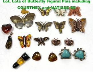 Lot 1544 16pc Costume and Amber Jewelry Lot. Lots of Butterfly Figural Pins including COURTNEY and MATISSE RE
