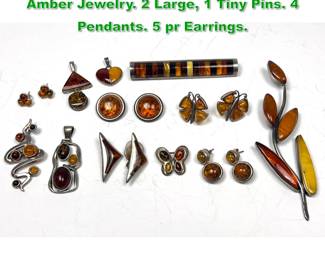 Lot 1525 12pc Vintage Silver or Sterling and Amber Jewelry. 2 Large, 1 Tiny Pins. 4 Pendants. 5 pr Earrings. 