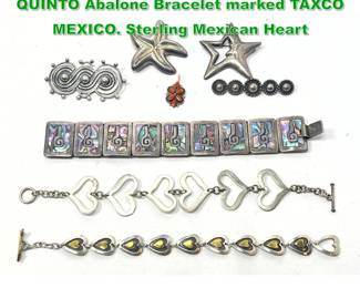 Lot 1550 7pc Silver or Sterling Jewelry. QUINTO Abalone Bracelet marked TAXCO MEXICO. Sterling Mexican Heart 