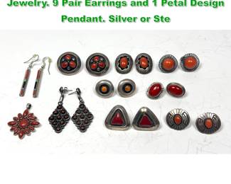 Lot 1523 10pc Mostly American Indian Coral Jewelry. 9 Pair Earrings and 1 Petal Design Pendant. Silver or Ste