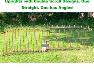 Lot 1430 2pc Vintage Iron Fencing. Pointed Uprights with Double Scroll Designs. One Straight. One has Angled 