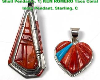 Lot 1512 2pc Sterling Silver Spiny Oyster Shell Pendants. 1 KEN ROMERO Taos Coral Inlay Pendant. Sterling. C