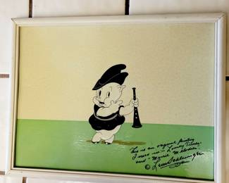 Original hand painting on celluloid used in "Merrie Melodies" on a painted background of Porky and signed in ink by Leon Schlesinger 