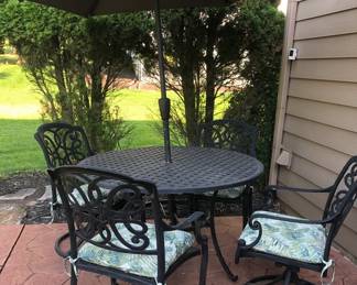 WROUGHT IRON PATIO TABLE AND CHAIRS WITH UMBRELLA